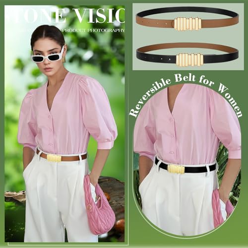 SANSTHS Skinny Reversible Belts for Women, Two-in-one Women Thin Belt for Dresses Jeans Pants with Gold Buckle