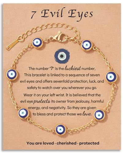 18K Gold Plated Stainless Steel 7 Evil Eyes Bracelet - Sevenfold Protection Bracelet Ojo Turco Amulet Lucky Jewelry Gifts with Meaning Card for Women & Teen Girls