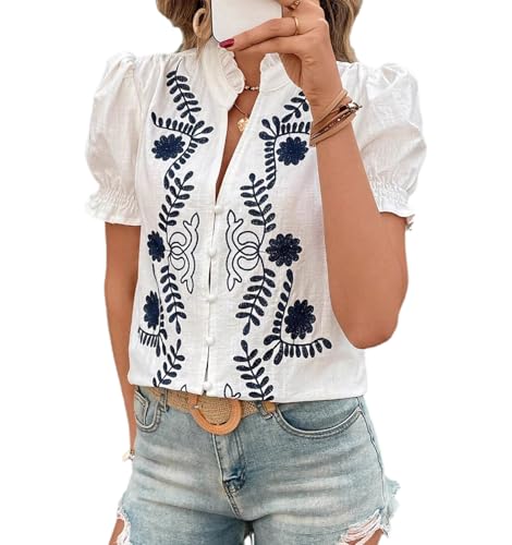 Blanca,L,Tops de Verano para Mujer, Camisa abullonada de Manga Corta con Botones, Blusa Informal Holgada con Bordado de Flores