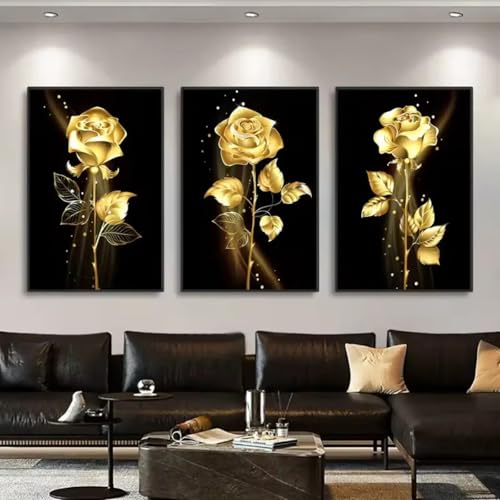 Tableau fleurs rose noir et or 50x75cmx3 triptyque moderne