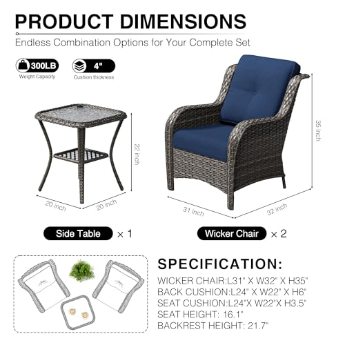 Image of Joyside 3 Piece Wicker Patio Furniture Set, Rattan Patio Chairs with High Back, Deep Seating, Wide Armrest, Thickened Cushions, Outdoor Furniture for Deck, Porch Use