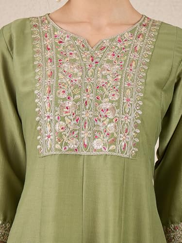 Image of VredeVogel Women's Silk Blend Embroidered Anarkali Kurta with Pant & Dupatta Set | Festive & Casual Women Ethnic Kurta Set for Women