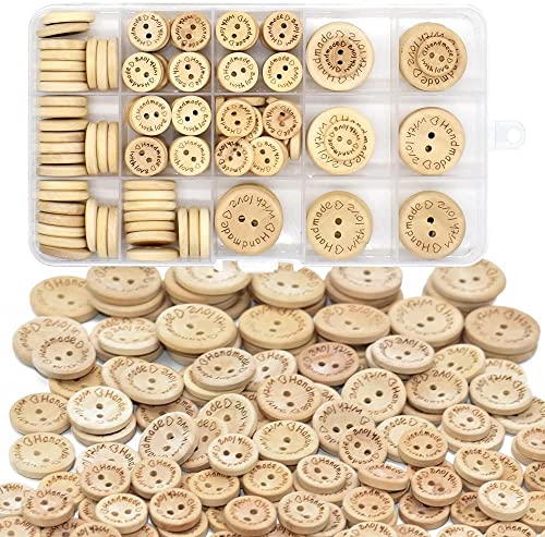 Viliysun Botón de madera hecho a mano con amor, 140 botones surtidos de madera, para costura de ropa, accesorios de costura, proyectos de manualidades Cover