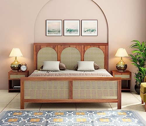 Image of Wooden Queen Size Bed Without Storage - Solid Wood Queen Cot - Cot Akka Bed - Stylish Bedroom Furniture (Queen, Osmina,Honey Finish)