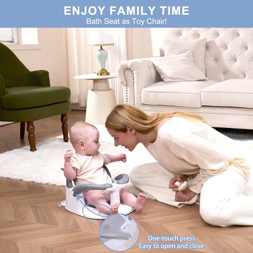 Image of Baby Bath seat for Babies 6 Months & up, 360 Stable Toddler Bath Chair with one-Touch Button, Back Hollow Design, Water Temperature Card & 4 Suction Cups for Safety (Dark Gray)