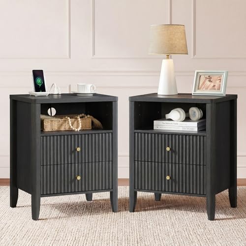 Image of Fluted Nightstand with Charging Station Set of 2, 21 inch Wide Modern Bedside Table with 2 Drawers & Open Shelf, Wood End Table with Storage & Metal Handle for Bedroom, Small Spaces, Black Grey