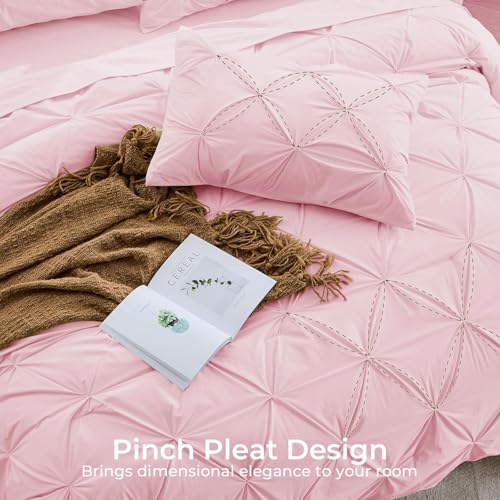 Image of Sasttie Full Size Comforter Set, 7-Piece Bed in a Bag, Pintuck Bedding Set for All Season, Includes Comforter, Flat Sheet, Fitted Sheet, Pillowcases and Pillowshams, Baby Pink