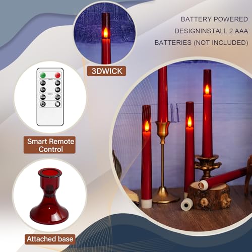 Image of LTETTES 6 PC Acrylic Flameless Taper Candles with Remote | Red Battery Operated LED Candles with Timer | Flickering Light | Heat-Resistant | Safe for Pets & Kids | Table, Window & Wedding Decor