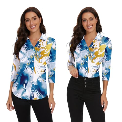 Image of Soneven Womens Golf Polo Shirts 3 /4 Long Sleeve V Neck Button Down Shirts Business Causal Work Blouses Tops