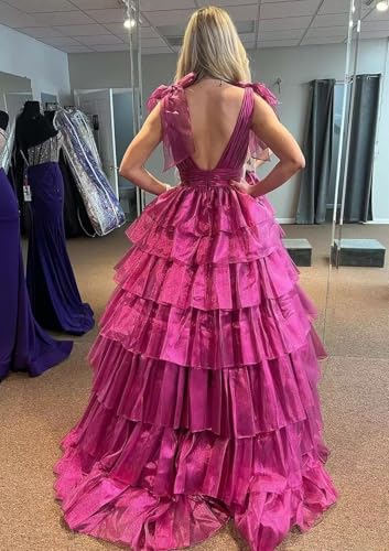 TORYEMY Tiered Tulle Prom Dress Long Ball Gown Deep V Neck Formal Evening Dresses with Slit Ruched for Women2