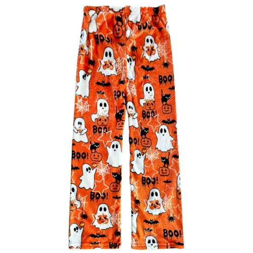 Qodwnep Halloween Pajamas Pants for Women Cute Ghost Pajamas Flannel Sleep Lounge Pants PJ Bottoms Christmas Halloween Orange M
