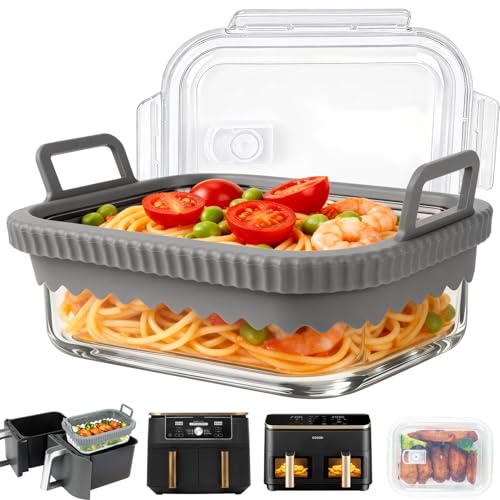 YQL Glass Food Container for Ninja Max Dual Zone 9.5L/COSORI Dual Air Fryer 8.5L, Silicone Handles&Plastic Lid, Oven-safe&Dishwasher-Safe, Reusable Air Fryer Accessories for Ninja AF400UK/DZ400UKSTGD