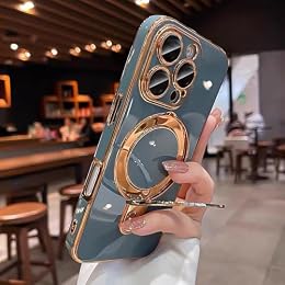 QSIETSPY Magnetic Invisible Stand for iPhone 15 Pro Case 6.1" Compatible with Mag-Safe,Full Camera Lens Protector Soft Plating Phone Case for iPhone 15 Pro,Grey Blue
