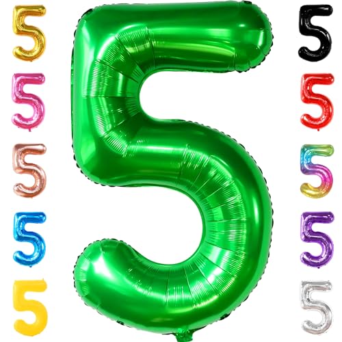 Image of KatchOn Foil Green Number 5 Balloon For 5th Birthday - 40 Inch | Birthday Party Decorations, Green 5 Balloon Number For Dinosaur Birthday Decorations, 5th Wedding Anniversary Decorations