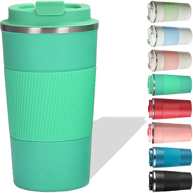 BEVKAF Travel Mug, Insulated Coffee Cups, Reusable Coffee Mug with Leakproof Lid, Vacuum Insulated Mugs, Stainless Steel Thermal Mug for Hot Cold Drinks (Green, 380ml)
