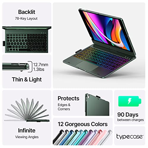 Image of typecase Touch iPad 9th Generation Case with Keyboard (10.2 inch, 2021), Multi-Touch Trackpad, 10 Color Backlight, 360 Rotatable, Thin & Light for iPad 8th Gen, 7th Gen, Air 3, Pro 10.5 (Midnight Green)