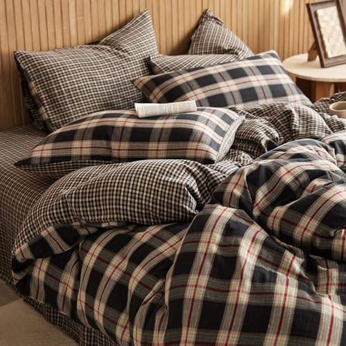 Image of EAVD Vintage Style Red&Black Plaid Duvet Cover Twin Soft 100% Cotton Muslin Retro Red Green Black Grid Checkered Plaid Bedding Set with 2 Pillowcases Reversible Gingham Duvet Cover with Zipper Closure