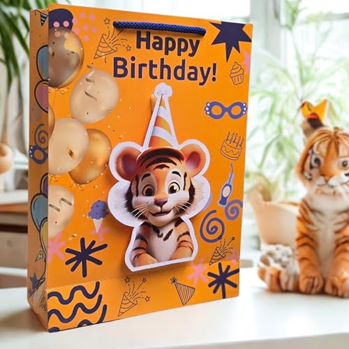 Image of TASCHE 3D Gift Bags for Return Gifts | Pop-Out Paper Bags for Kids Birthday, Baby Shower, Party Favors | 11x8x3 Inches (TIGER POP, Pack Of 40)