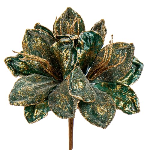 Oairse 3 flores de Pascua artificiales grandes de Navidad con purpurina, 3 cabezas, de 64 cm de tallo largo, adornos de Navidad verdes para decoración de árbol de Navidad, arreglos florales, centro de