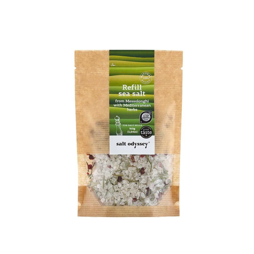 Salt Odyssey Greek Sea Salt with Mediterranean Herbs (Tomato, Rosemary, Oregano) in a Resealable Kraft Pouch – Refill Blend for Salt Mills & Grinders, 160g (Pack of 2)