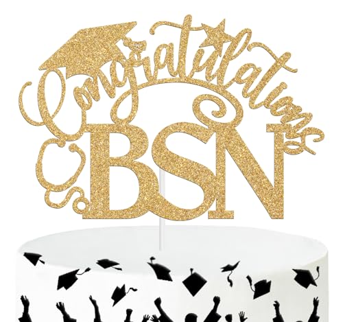 Ferburitar Congratulations BSN Cake Topper, Congrats Nurse/Bachelor of Science Nursing Cake Decor, 2026 Nursing School Grad Graduation Party Decorations Supplies, Gold Glitter