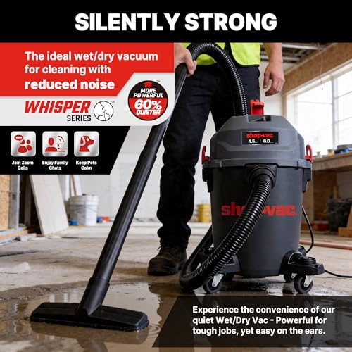 Image of Shop-Vac 6 Gallon Ultra Quiet Shop Vacuum Wet and Dry, 4.5 PHP Powerful Suction Wet /Dry Vacuum with Attachments, 1-7 /8 in. x 7 Ft Hose, 15 Ft Cord, Ideal for Jobsite, Garage, Workshop & Home, 5430541