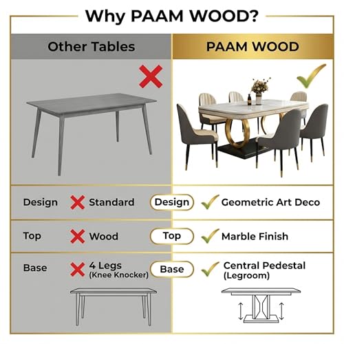 Image of 6-Seater Dining Table with Nano Composite Marble Top and PVC Golden Wooden Base |2yr Warranty - Includes 6 Fabric Upholstered Chairs (Yellow, White Marble Top)