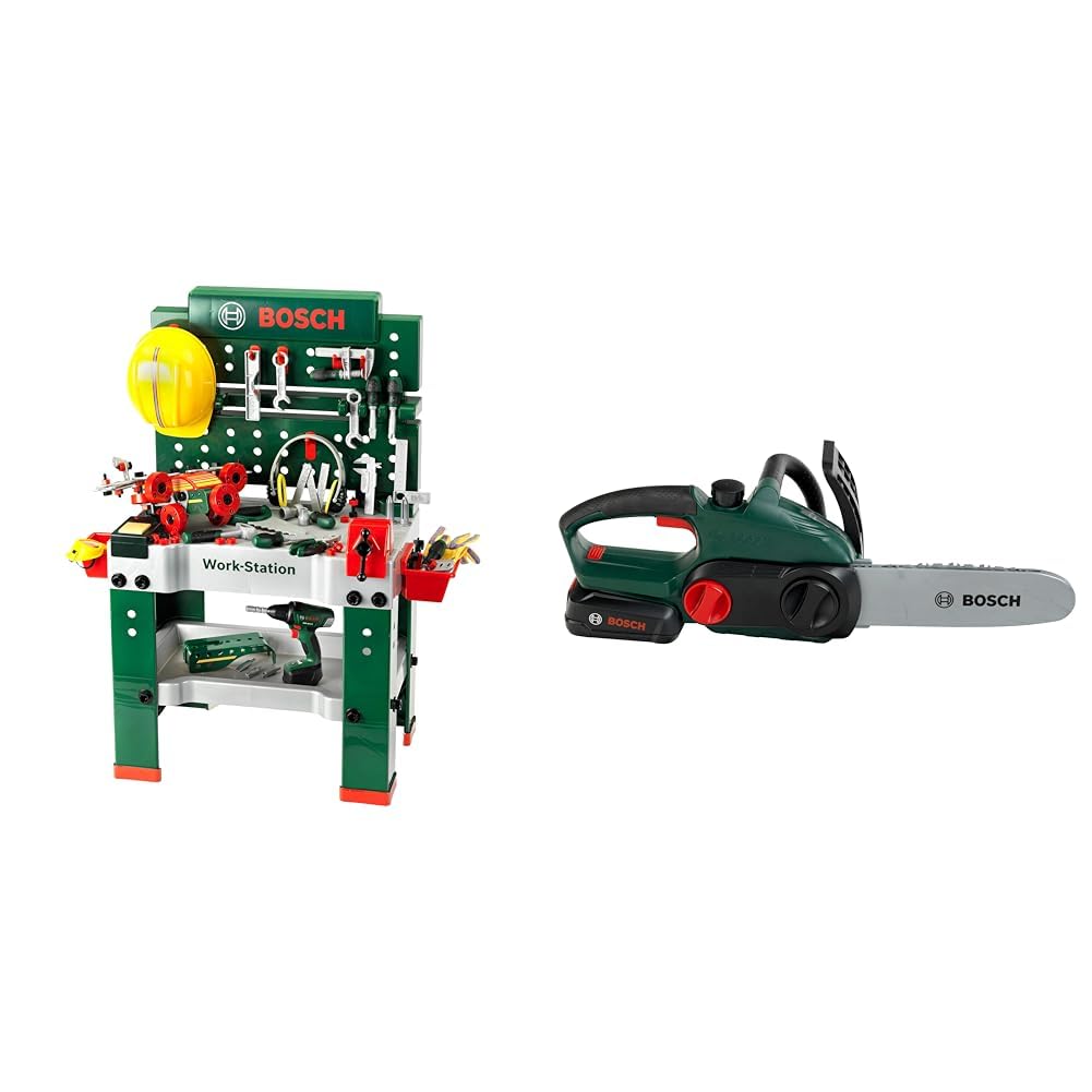 Theo Klein 8485 Banco de Trabajo N.º 1 de Bosch I 150 Piezas I Incluye Destornillador eléctrico & Theo 8399 - Bosch Sierra De Cadena II