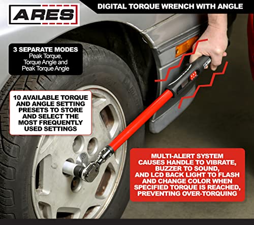 Image of ARES 43008-1 /2-Inch Drive Flex Head Digital Torque Wrench - Torque and Angle Readings - 25-250 ft-lb (30-340 Nm) Electronic Reversible Ratchet, Multi-Alert, ±2% Accuracy - Auto, Motorcycle, Mechanic