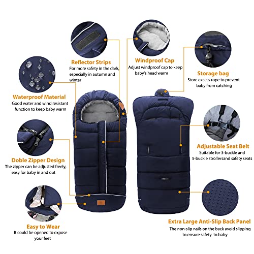 Image of LAT Baby Warm Bunting Bag Universal,Stroller Sleeping Bag Cold Weather,Waterproof Toddler Footmuff(Basic,Navy Blue)