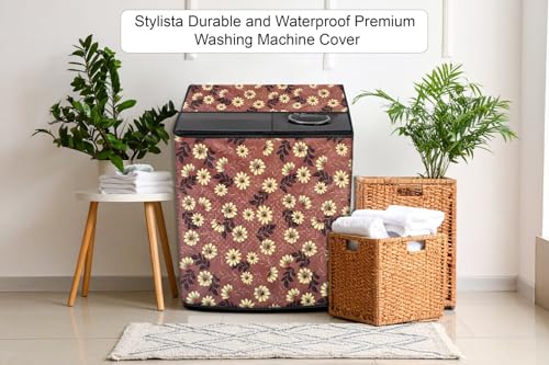 Image of Stylista PVC Washing Machine Cover Compatible for GODREJ 7KG Semi-Automatic Top Loading WSAXIS 70 5.0 SN2 T BR, Sprig Pattern Brick
