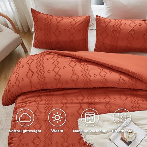 Image of Andency Terracotta Tufted Fall Comforter Set Full(79x90Inch), 3 Pieces(1 Boho Comforter, 2 Pillowcases) Textured Farmhouse, Soft Down Alternative Geometric Fall Bedding Set