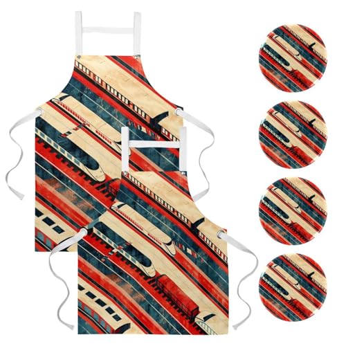 Lot de 2 tabliers multicolores à motif trains avec 4 broches incluses