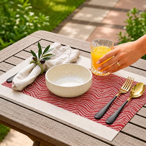 Image of YELONA Placemats Set of 6, Heat-Resistant Woven Vinyl Table Mats, Non-Slip & Washable Dining Tablemats for Kitchen & Dinner Decor, Berry Red (45cm x 30cm)