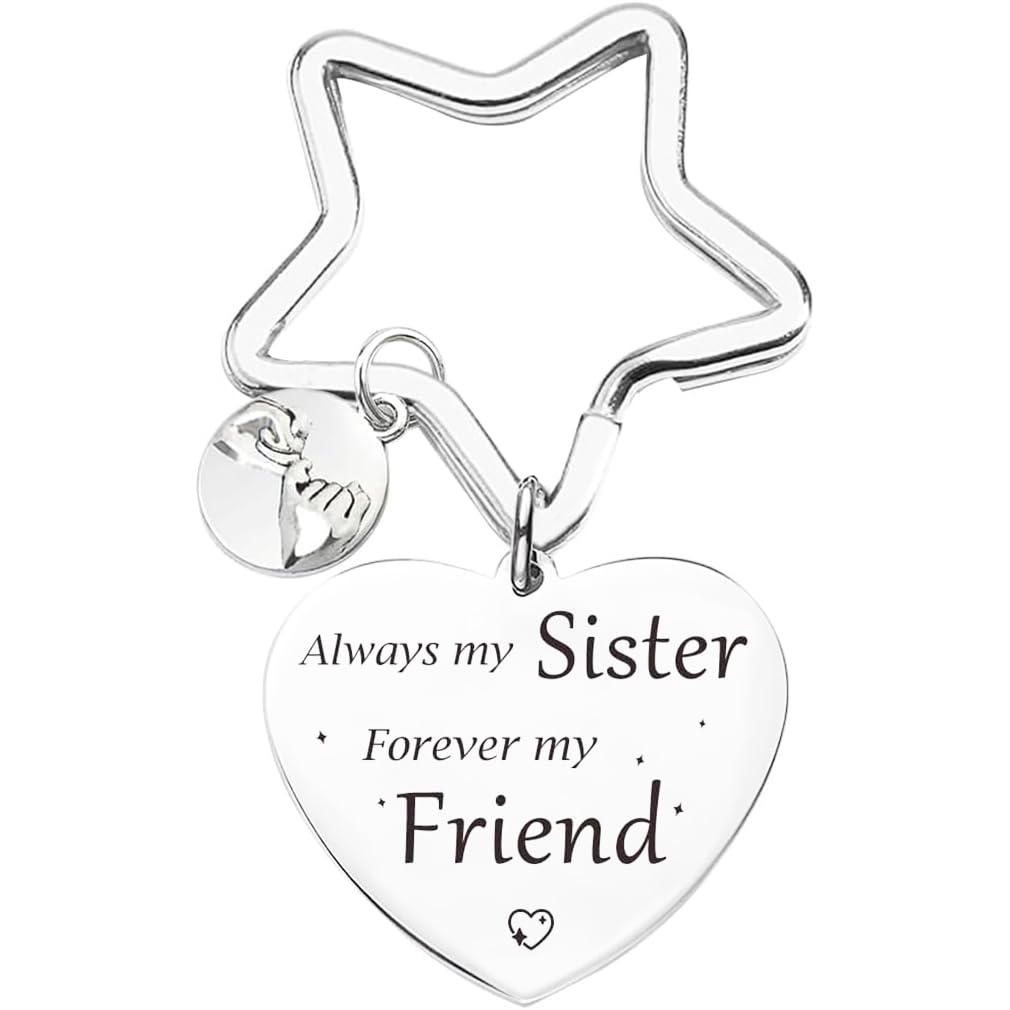 Tecreo Silver Sister Gifts, Sister Keychain, Sis Key Ring, Always My Sister, Forever My Friend - Sister Gifts For Birthday, Graduation Gifts For Sister, Heart Pendant