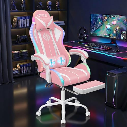 Image of HOFFREE Gaming Chair with LED RGB Lights with Massage and Footrest Ergonomic Computer Chair High Back Video Game Chair with Adjustable Lumbar Support Linkage Armrest Pink and White
