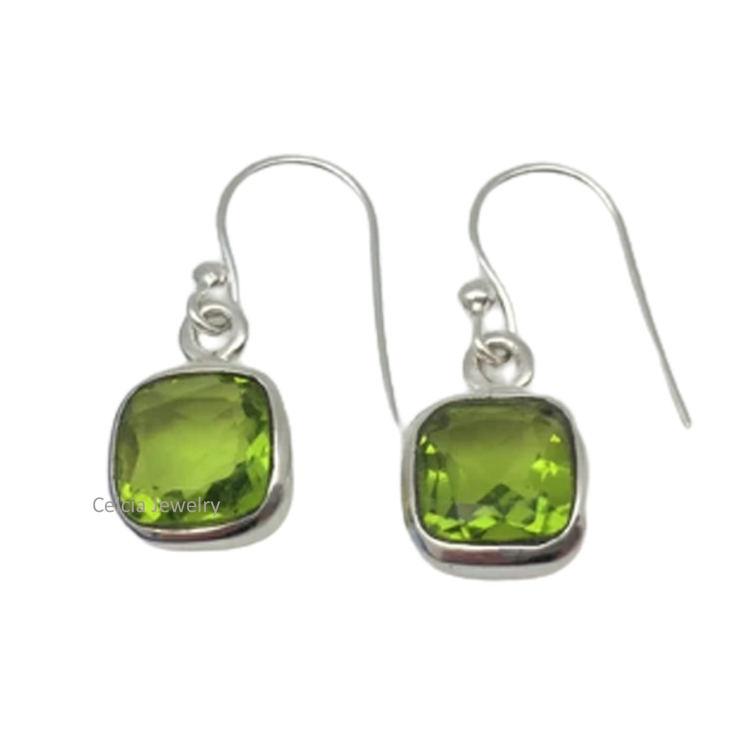 Pendientes colgantes de lágrima de plata esterlina 925 maciza para mujer, peridoto natural tallado en cojín facetado piedra preciosa verde regalo único de piedra natal de agosto