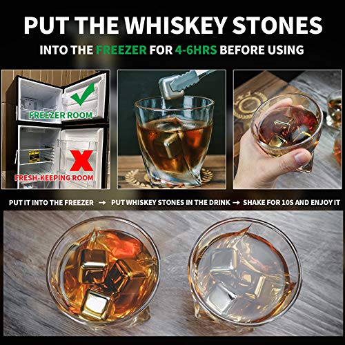 Whiskey Stones and Glass Set, Gifts for Him,Men,Father,Husband,Friends, 8 Stainless Steel Reusable Metal Ice Cubes, 2 Glasses Wooden Boxed with Ice Tong, Gift for Xmas Thanksgiving Anniversary