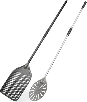 14 inch Perforated Pizza Peel, 9 inch Stainless Steel Pizza Turning Peel, 2 Pieces Pizza Shovel Set, Round Pizza Paddle Overall 56 inch Length for Brick Oven Accessories