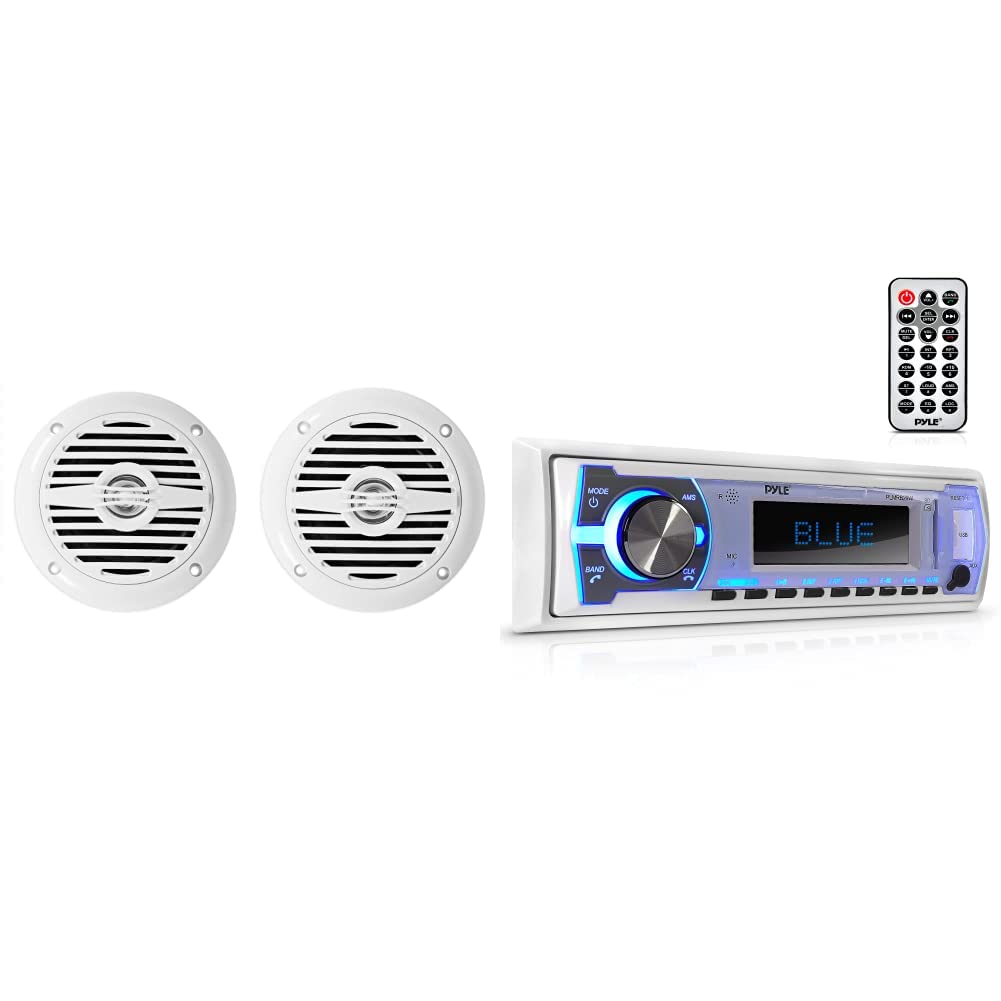 Rockville Pair MS40W White 4" 200 Watt Marine Boat Speakers Compact and Powerful & Pyle Marine Bluetooth Stereo Radio - 12v Single DIN Style Boat in dash Radio Receiver System - PLMRB29W