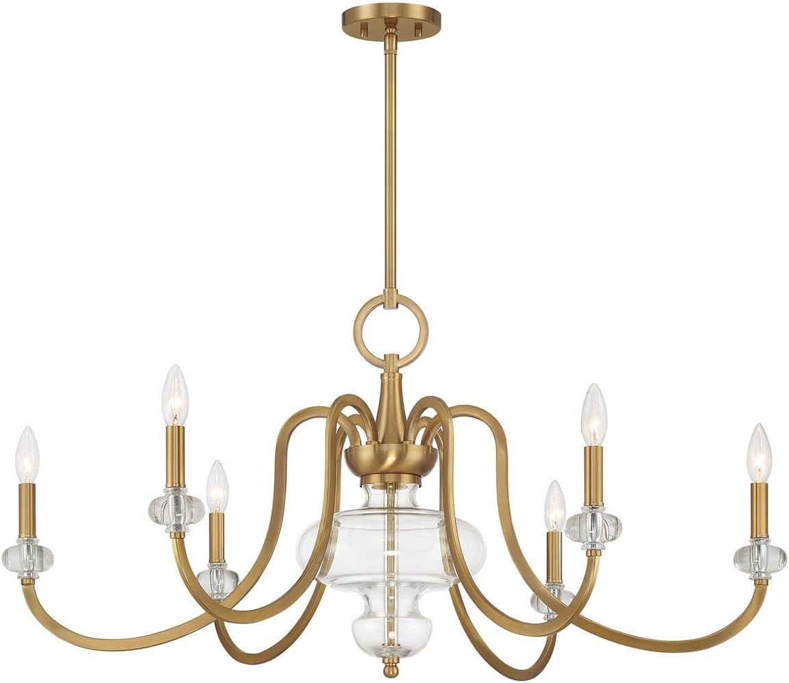 Savoy House 1-5802-6-322 Bergdorf Traditional Vintage Mid-Century Round Candle Chandelier with Glass Bobeches, 6-Light 360 Total Watts, 19'' H x 39'' W, Warm Brass