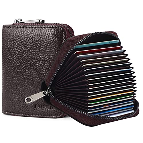 Image of LINNO RFID 20 Card Slots Credit Card Holder Genuine Leather Small Card Case for Women or Men Accordion Wallet with Zipper