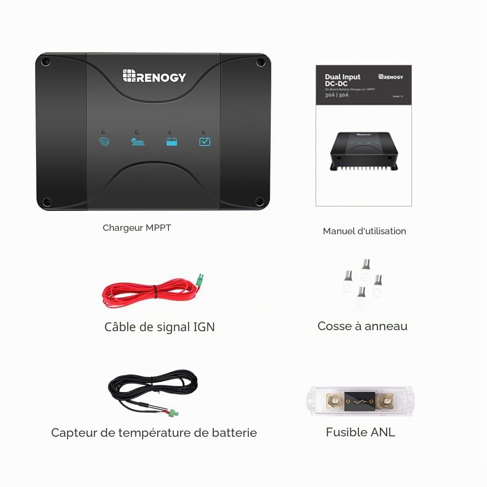 Renogy Chargeur de Batterie Embarqué 12V 30A DCDC avec MPPT pour Batteries Gel, AGM et Lithium Utilisant Une Charge en Plusieurs Étapes, dans Les Camping, Bateaux, pour Correspondre avec Fusible 40A