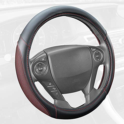 Image of Motor Trend Wine Steering Wheel Cover - Dotted Comfort Polyester Grip on Stitched Synthetic Leather, Wine Stitching /Black