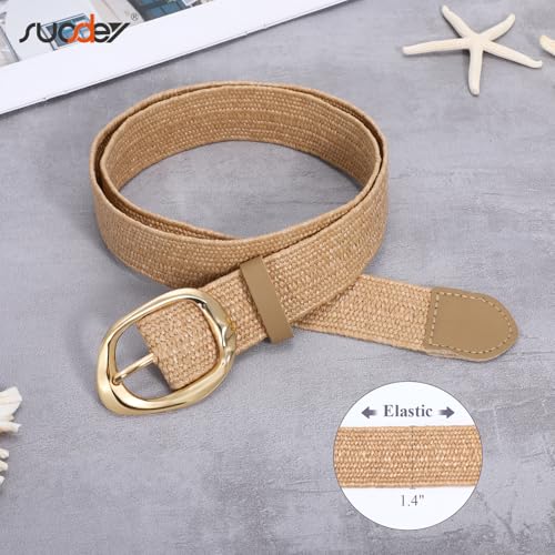 SUOSDEY Women Straw Woven Elastic Belt for Dresses,Boho Rattan Braided Stretch Ladies Waist Belt with Gold Buckle4
