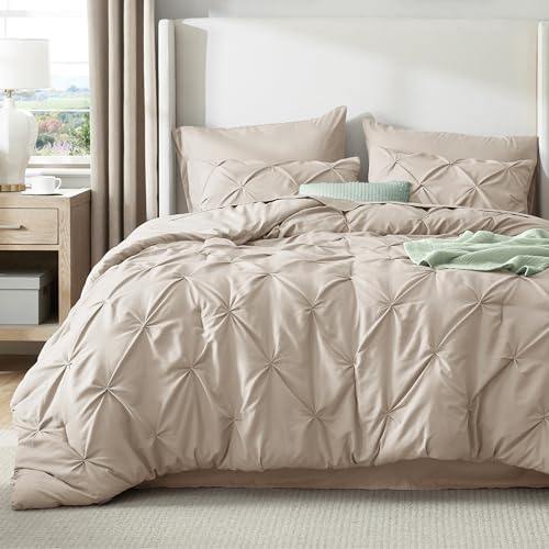 Bedsure Full Comforter Set Beige - Bed in a Bag Full Size Bedding Set 7 Pieces, GentleSoft™ Pintuck Bed Set Gift for Family, Pinch Pleat Beige Comforter with Sheets, Pillowcases & Shams