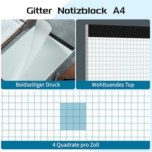 Roneky Notizblock A4 Kariert Notizblöcke, 3 Stück Schreibblock, 4x4 Notizblock Kariert A4, 30 Blatt Millimeterpapier Block Karierter Block A4 Karierter liniertes Papier für Haus, Büro, Schule