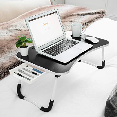 Gatton Design Foldable Laptop Bed Desk Table | With Drawer Cup Holder & Tablet Stand | Multifunctional Lap Tray for Writing, Eating & Study | Folding Legs Easy Storage | Lightweight & Portable | Black