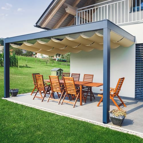 Coumavin 4.5'x18' Retractable Sun Shade Canopy, Wave Shade Sail with High-Density Polyethylene Fabric, Sliding Pergola Cover for Patio, Garden, Backyard, Deck, Beige