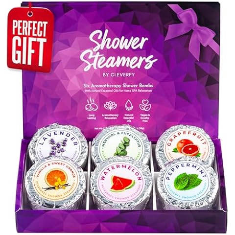 Cleverfy Shower Steamers Aromatherapy - Compact Variety Pack of 6 Shower Bombs with Essential Oils. Self Care Birthday Gifts for Women and Valentines Day Gifts for Her and Him. Purple Set Cover